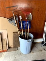 Trash Can of Garden Tools, 2 Leaf Rakes,