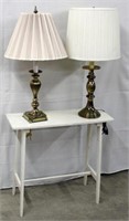 white table & 2 brass table  lamps