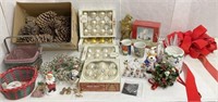 Holiday decorations - ornaments, pine cones,