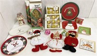 Holiday items - ornaments, tinsel garland, trays,