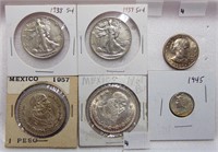Half Dollars, Dime, Susan B., Mexican Silver Pesos