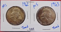 1962, 1963 Toned Franklin Half Dollars, MS, MS