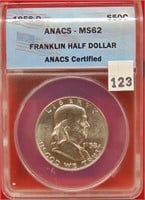 1958-D Franklin Half Dollar, ANACS, MS 62