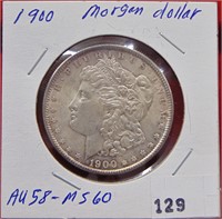 1900 Morgan Dollar, AU 58.