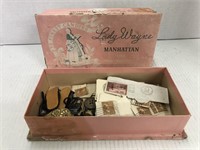 Vintage Lily Wayne Box & Stamps, Buttons, etc.