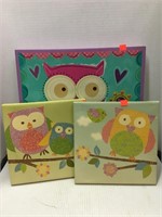 3pc. Owl Paintings on Canvas
2 smaller 10x10 
1