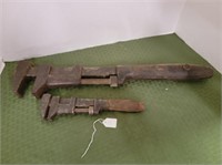 2 EARLY WOOD HANDLED PIPE WRENCHES
