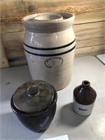 Stoneware  Butter Churn , small jug, Bowl W/ Lid