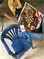 Snow Ryder Board, Dartboard, Wood Bat, Small Chair