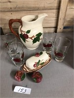Franciscan Pitcher, Butter Dish, Glasses, Shakers