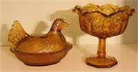 Amber glass hen on nest & compote