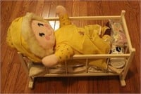 Wood doll bed w/ dolls & bedding