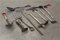 Assorted Shovels, Forks, Rakes, Axes & Trailer