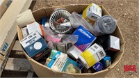 Box of auto parts, misc bearings, filters,