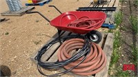 Wheel Barrel, elec. wire, air hose& garden hose