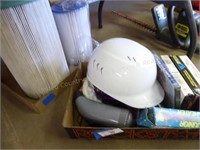 2 boxes misc.: filters, hard hat, etc.