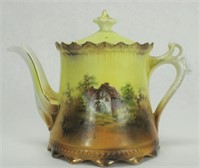 RS Prussia Porcelain Mill Scene Teapot with Hand M