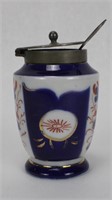 Porcelain and Metal Blue and Red Mustard Pot with