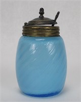 Molded Art Glass Blue Mustard Pot with Spoon