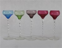 (5) Assorted Color Italian Twisted Stem Cordial Gl