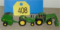 (2) JD Tractors, Round Baler 1/64 Scale