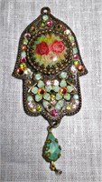 Vintage M. Negyin Brass, Enamel and Stone Pendant