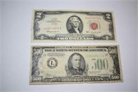 $500 Bill San Francisco 1934A & $2 Red Note 1963