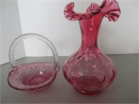 CRANBERRY GLASS VASE & CANDY DISH