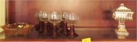 6 AMBER STEM WINE GLASSES, COVER COMPOTE