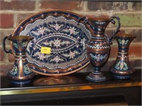 PAINTERD COPPER SERVING TRAY AND 3 VASES