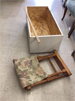 wood box on wheels, suitcase rack, needs repair