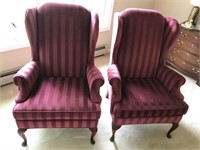 Pair of Striped Burgundy Wingback Chairs