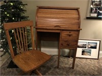 Child's Wooden Roll Top Desk and Chair