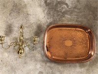 Brass Candle Sconce and Copper Serving Tray