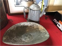 Vintage Agate Coffee Pot, Tin Scales Tray