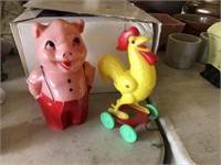 Vintage Plastic Rooster Pull Toy, Pig Still Bank