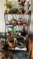 Metal and wooden shelf with contents