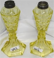 TWO 19TH CENTURY WHALE OIL LAMPS. VASELINE GLASS.