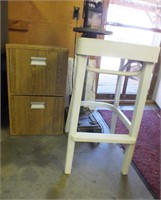 TWO DRAWER METAL FILE CABINET, WOODEN STOOL