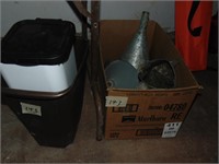 Box of galvanized funnels and oiler plus