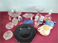 Glassware, Delft shakers, Hall teapot, bowls,