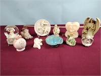 Porcelain angel figurines, snow globe,