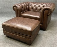 Brown Leather Chesterfield Chair w/ Ottoman
