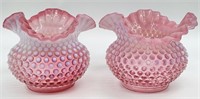 Pair Fenton(?) Pink/Milk Glass Hobnail Vases
