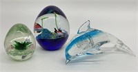 3pc Crystal / Art Glass Paperweights & Figurine