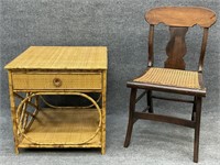 2pc Bamboo Side Table & Antique Cane Bottom Chair