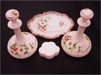 Four vintage milk glass dresser items: