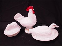 Three vintage milk glass covered dishes: