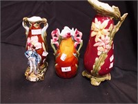 Three brown majolica vases: 6 1/2" with