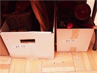 Two boxes including red-handled cooking